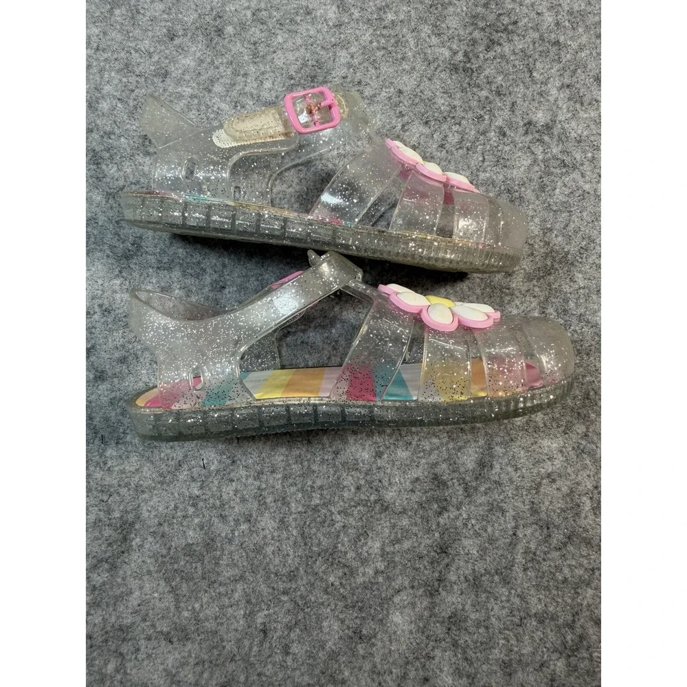 Happily Grey Kids Girls Size 9 Jelly Sandals Glitter Daisy Rainbow Clear Pink